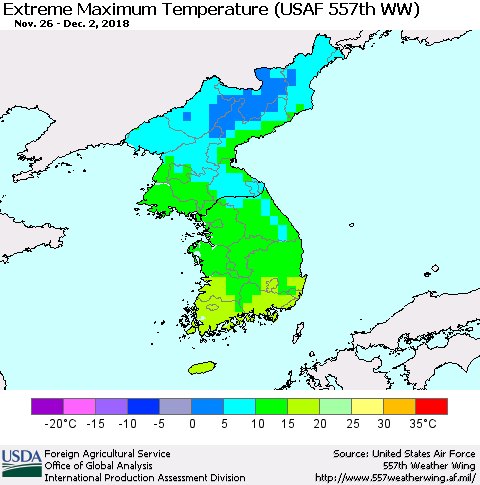 Korea Maximum Daily Temperature (USAF 557th WW) Thematic Map For 11/26/2018 - 12/2/2018