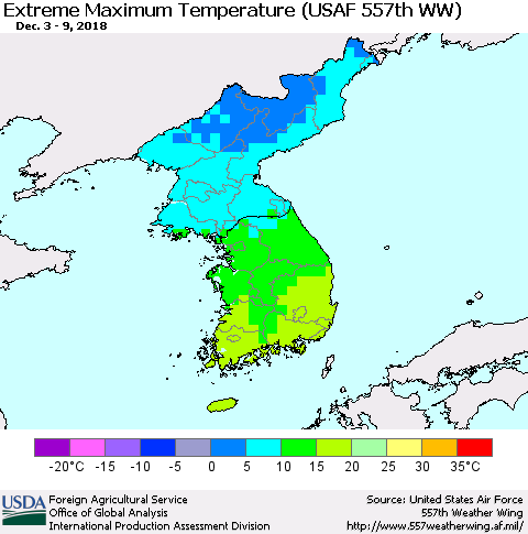 Korea Maximum Daily Temperature (USAF 557th WW) Thematic Map For 12/3/2018 - 12/9/2018
