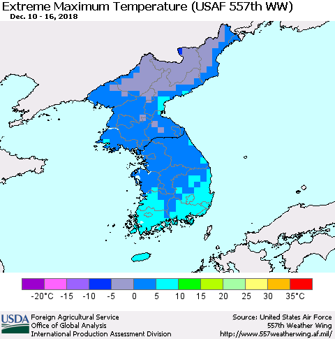 Korea Maximum Daily Temperature (USAF 557th WW) Thematic Map For 12/10/2018 - 12/16/2018