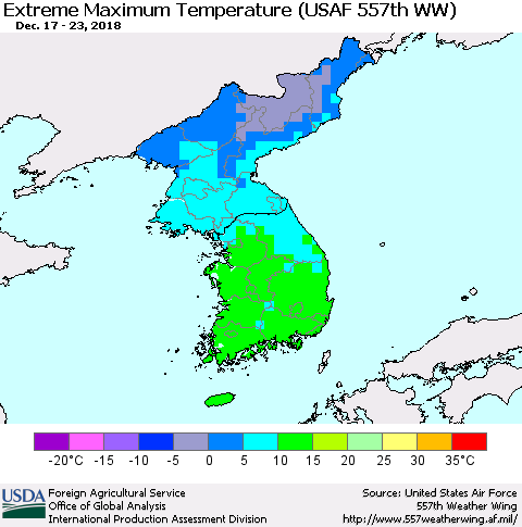 Korea Maximum Daily Temperature (USAF 557th WW) Thematic Map For 12/17/2018 - 12/23/2018