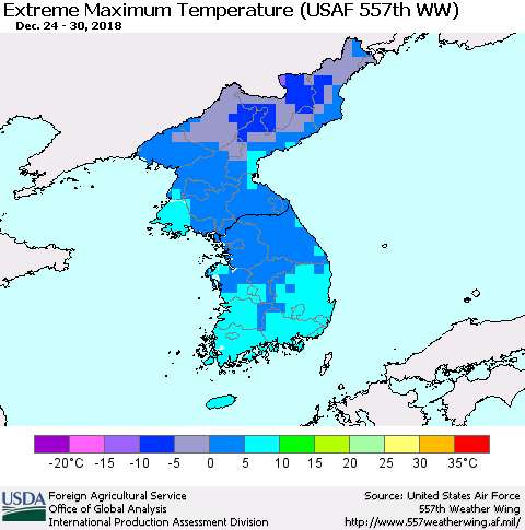 Korea Maximum Daily Temperature (USAF 557th WW) Thematic Map For 12/24/2018 - 12/30/2018