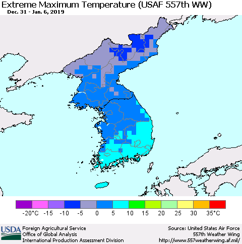 Korea Maximum Daily Temperature (USAF 557th WW) Thematic Map For 12/31/2018 - 1/6/2019