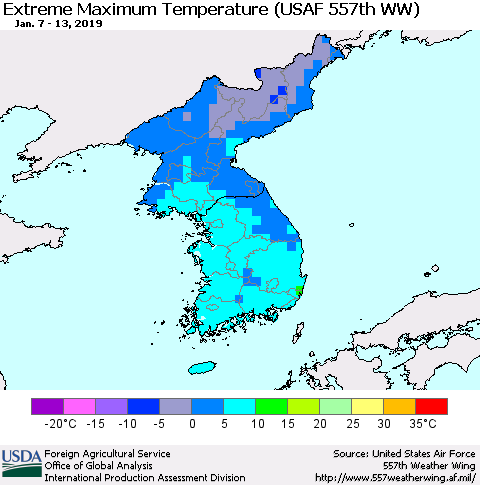 Korea Maximum Daily Temperature (USAF 557th WW) Thematic Map For 1/7/2019 - 1/13/2019