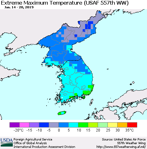 Korea Maximum Daily Temperature (USAF 557th WW) Thematic Map For 1/14/2019 - 1/20/2019
