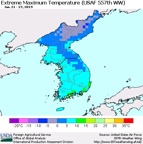 Korea Maximum Daily Temperature (USAF 557th WW) Thematic Map For 1/21/2019 - 1/27/2019