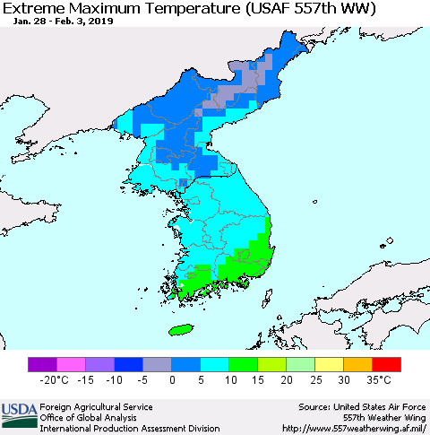 Korea Maximum Daily Temperature (USAF 557th WW) Thematic Map For 1/28/2019 - 2/3/2019