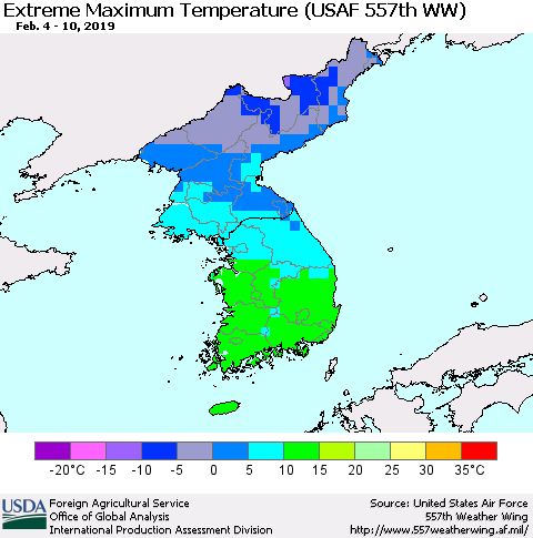 Korea Maximum Daily Temperature (USAF 557th WW) Thematic Map For 2/4/2019 - 2/10/2019