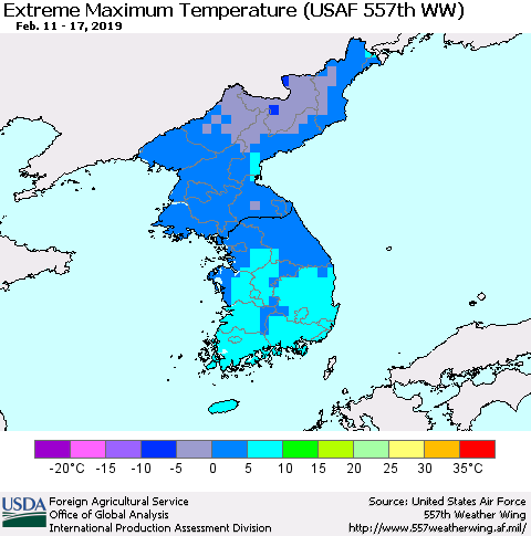 Korea Maximum Daily Temperature (USAF 557th WW) Thematic Map For 2/11/2019 - 2/17/2019