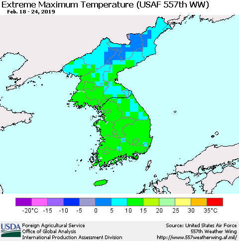 Korea Maximum Daily Temperature (USAF 557th WW) Thematic Map For 2/18/2019 - 2/24/2019