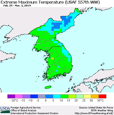 Korea Maximum Daily Temperature (USAF 557th WW) Thematic Map For 2/25/2019 - 3/3/2019
