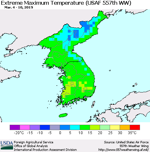 Korea Maximum Daily Temperature (USAF 557th WW) Thematic Map For 3/4/2019 - 3/10/2019