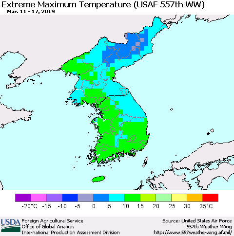 Korea Maximum Daily Temperature (USAF 557th WW) Thematic Map For 3/11/2019 - 3/17/2019