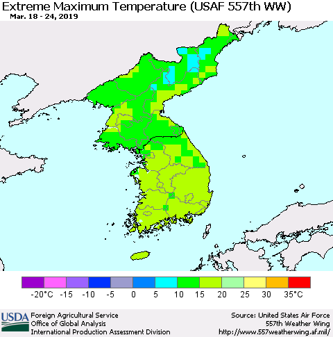 Korea Maximum Daily Temperature (USAF 557th WW) Thematic Map For 3/18/2019 - 3/24/2019