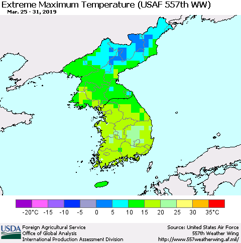 Korea Maximum Daily Temperature (USAF 557th WW) Thematic Map For 3/25/2019 - 3/31/2019
