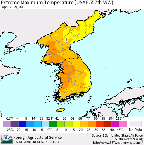 Korea Maximum Daily Temperature (USAF 557th WW) Thematic Map For 4/22/2019 - 4/28/2019