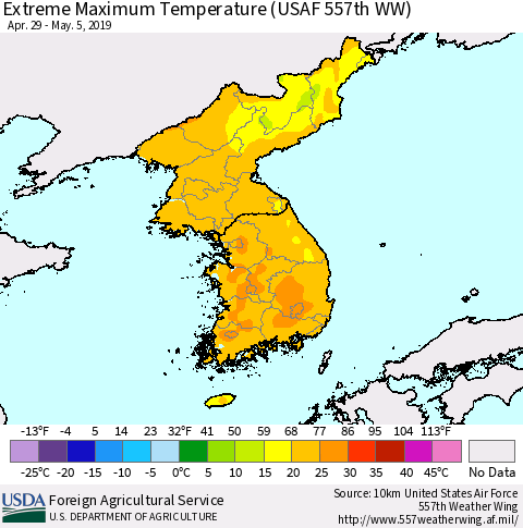 Korea Maximum Daily Temperature (USAF 557th WW) Thematic Map For 4/29/2019 - 5/5/2019