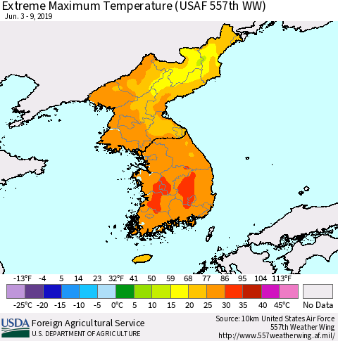 Korea Maximum Daily Temperature (USAF 557th WW) Thematic Map For 6/3/2019 - 6/9/2019