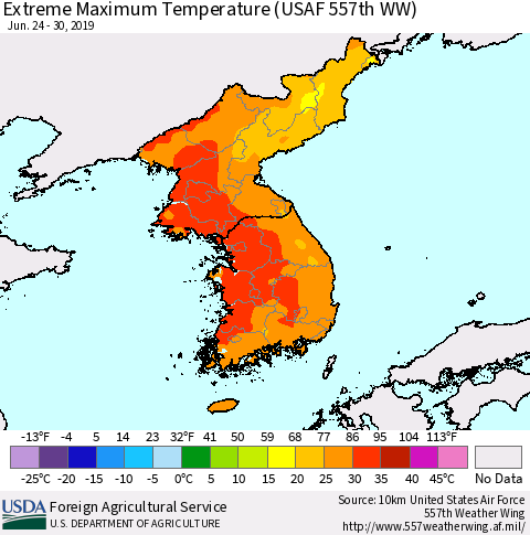 Korea Maximum Daily Temperature (USAF 557th WW) Thematic Map For 6/24/2019 - 6/30/2019