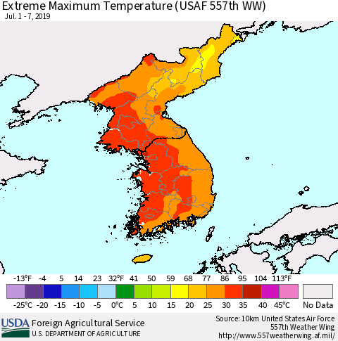 Korea Maximum Daily Temperature (USAF 557th WW) Thematic Map For 7/1/2019 - 7/7/2019