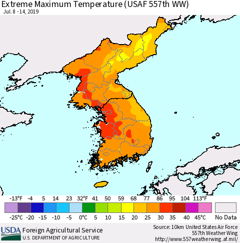 Korea Maximum Daily Temperature (USAF 557th WW) Thematic Map For 7/8/2019 - 7/14/2019