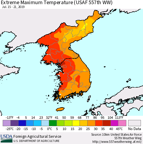 Korea Maximum Daily Temperature (USAF 557th WW) Thematic Map For 7/15/2019 - 7/21/2019