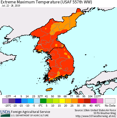 Korea Maximum Daily Temperature (USAF 557th WW) Thematic Map For 7/22/2019 - 7/28/2019