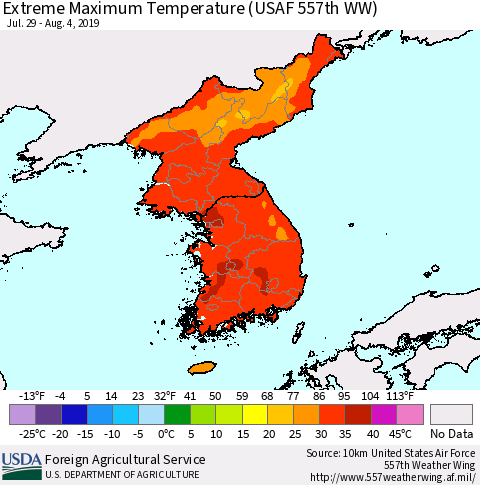 Korea Maximum Daily Temperature (USAF 557th WW) Thematic Map For 7/29/2019 - 8/4/2019