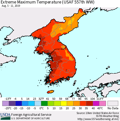 Korea Maximum Daily Temperature (USAF 557th WW) Thematic Map For 8/5/2019 - 8/11/2019