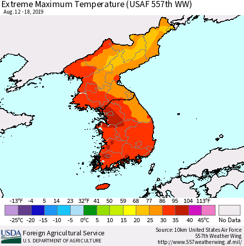 Korea Maximum Daily Temperature (USAF 557th WW) Thematic Map For 8/12/2019 - 8/18/2019