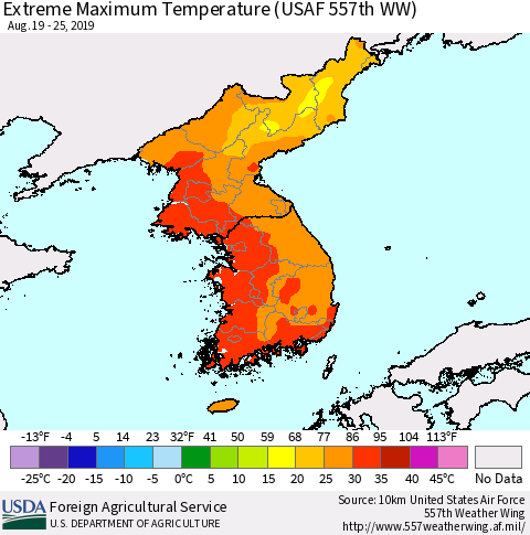 Korea Maximum Daily Temperature (USAF 557th WW) Thematic Map For 8/19/2019 - 8/25/2019