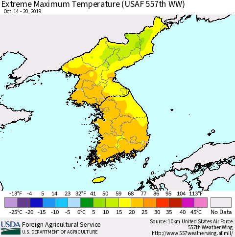 Korea Maximum Daily Temperature (USAF 557th WW) Thematic Map For 10/14/2019 - 10/20/2019