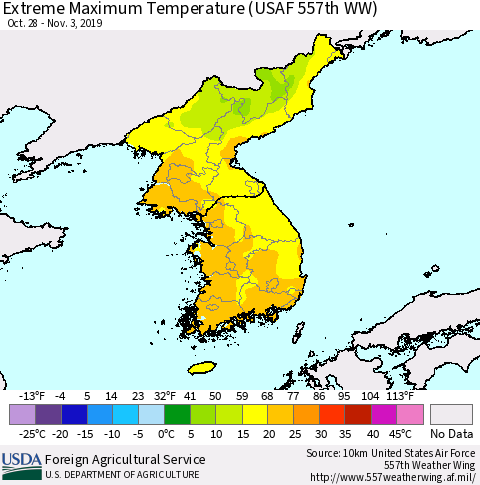 Korea Maximum Daily Temperature (USAF 557th WW) Thematic Map For 10/28/2019 - 11/3/2019