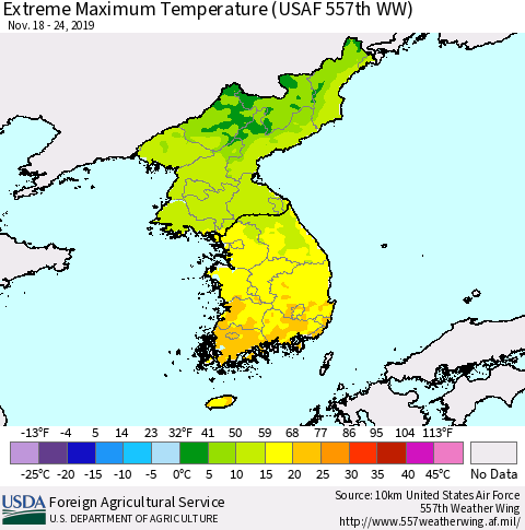 Korea Maximum Daily Temperature (USAF 557th WW) Thematic Map For 11/18/2019 - 11/24/2019