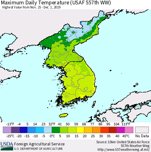 Korea Maximum Daily Temperature (USAF 557th WW) Thematic Map For 11/25/2019 - 12/1/2019