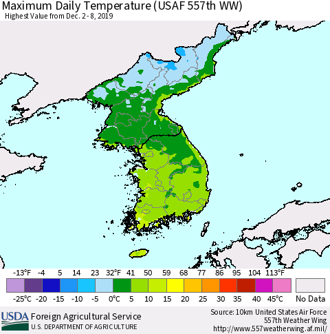 Korea Maximum Daily Temperature (USAF 557th WW) Thematic Map For 12/2/2019 - 12/8/2019