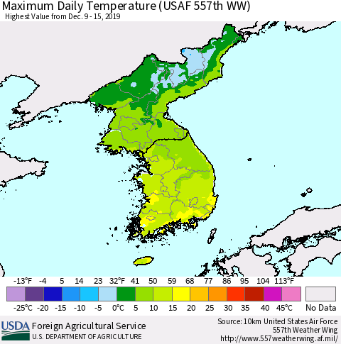 Korea Maximum Daily Temperature (USAF 557th WW) Thematic Map For 12/9/2019 - 12/15/2019