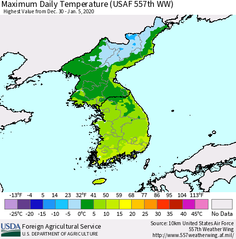 Korea Maximum Daily Temperature (USAF 557th WW) Thematic Map For 12/30/2019 - 1/5/2020