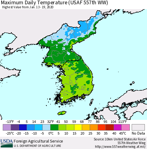 Korea Maximum Daily Temperature (USAF 557th WW) Thematic Map For 1/13/2020 - 1/19/2020
