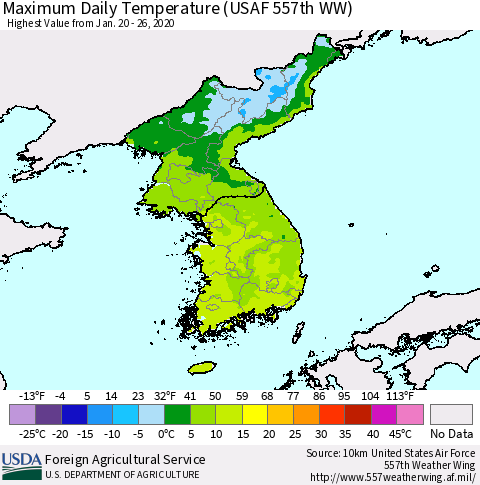 Korea Maximum Daily Temperature (USAF 557th WW) Thematic Map For 1/20/2020 - 1/26/2020