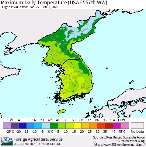 Korea Maximum Daily Temperature (USAF 557th WW) Thematic Map For 1/27/2020 - 2/2/2020