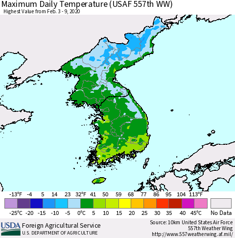 Korea Maximum Daily Temperature (USAF 557th WW) Thematic Map For 2/3/2020 - 2/9/2020