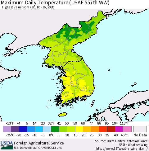 Korea Maximum Daily Temperature (USAF 557th WW) Thematic Map For 2/10/2020 - 2/16/2020