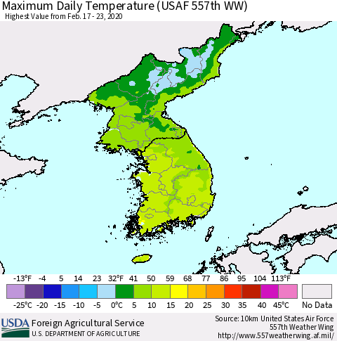 Korea Maximum Daily Temperature (USAF 557th WW) Thematic Map For 2/17/2020 - 2/23/2020