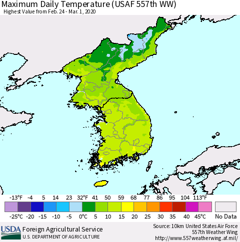 Korea Maximum Daily Temperature (USAF 557th WW) Thematic Map For 2/24/2020 - 3/1/2020