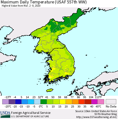 Korea Maximum Daily Temperature (USAF 557th WW) Thematic Map For 3/2/2020 - 3/8/2020