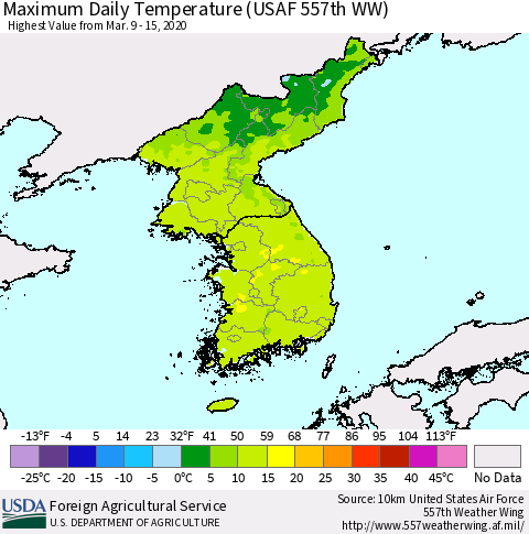 Korea Maximum Daily Temperature (USAF 557th WW) Thematic Map For 3/9/2020 - 3/15/2020