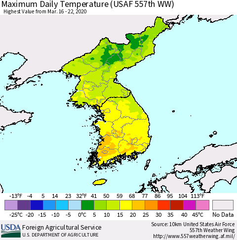 Korea Maximum Daily Temperature (USAF 557th WW) Thematic Map For 3/16/2020 - 3/22/2020