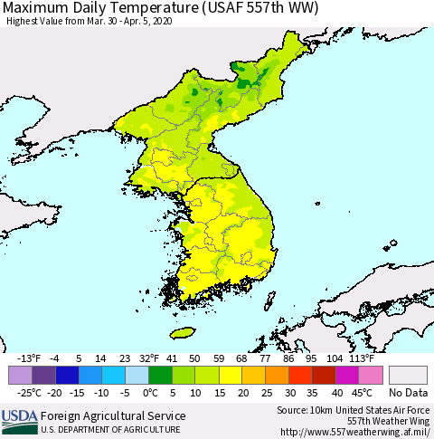 Korea Maximum Daily Temperature (USAF 557th WW) Thematic Map For 3/30/2020 - 4/5/2020