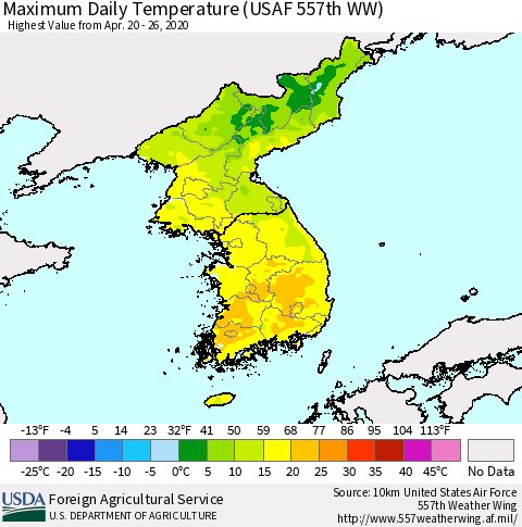 Korea Maximum Daily Temperature (USAF 557th WW) Thematic Map For 4/20/2020 - 4/26/2020
