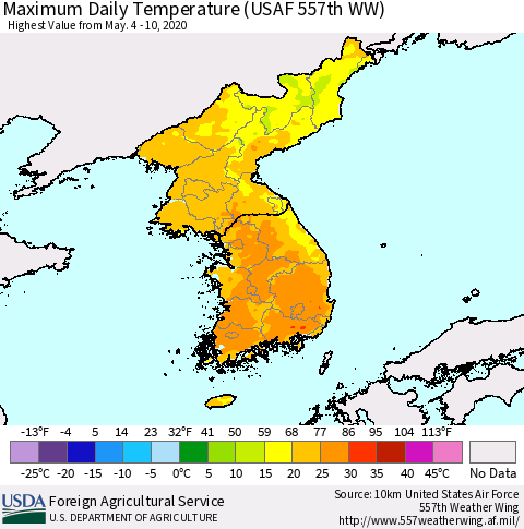 Korea Maximum Daily Temperature (USAF 557th WW) Thematic Map For 5/4/2020 - 5/10/2020